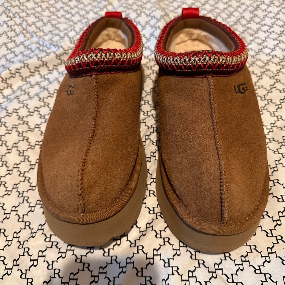 UGG Brown Suede Slippers with Red Trim